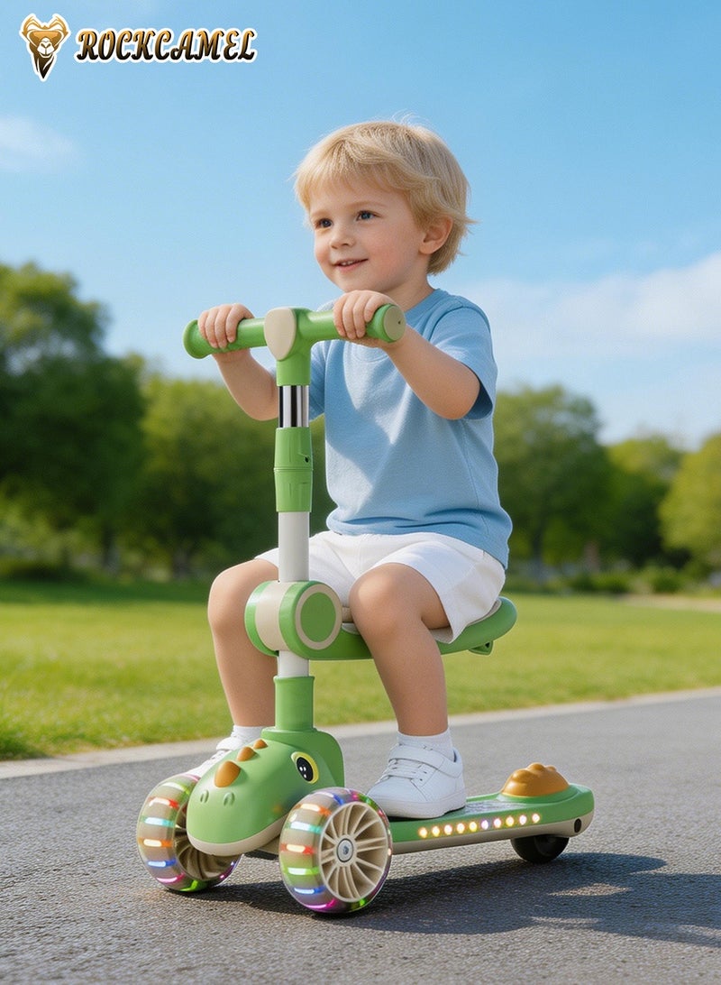 ROCKCAMEL 2 in 1 Kids Kick Scooter, Foldable Scooter with Music, LED Lighted Wheels and 4-Level Adjustable Height Handlebars, Widen Anti-Slip Deck, Sensitive Brakes, Kids Toys for Boys & Girls Ages 1-12, Green - Image 2